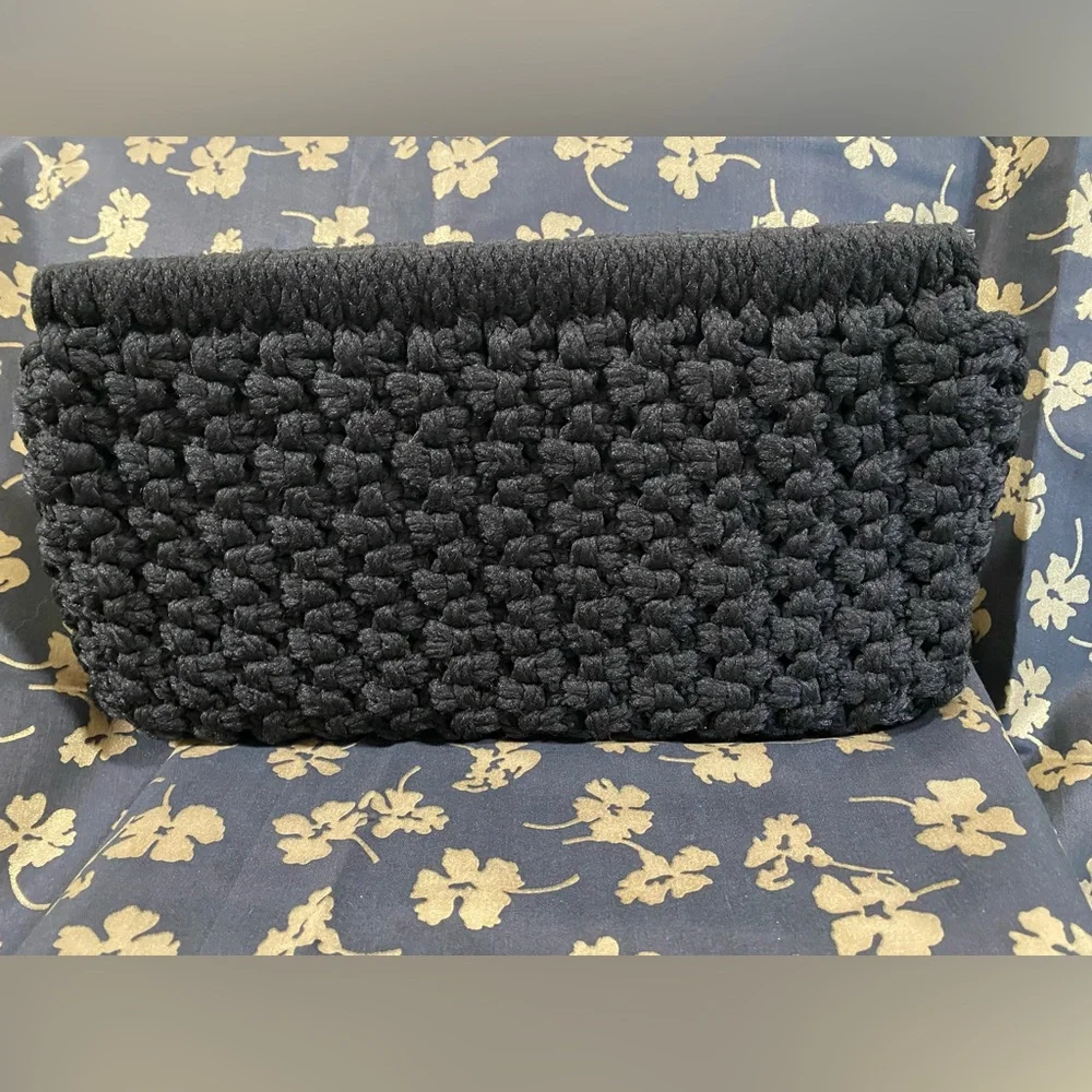 Vintage Black Crochet Clutch Purse Handbag Bobble Popcorn Stitch